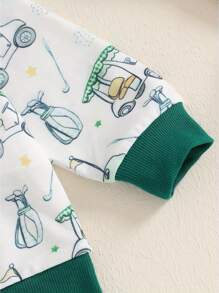 Boys Autumn 2PCS Outfit Sets Long Sleeve Lapel Golf Print Tops Solid Color Pants Sets - Green - View 7