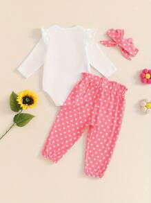Baby Girl First Birthday Outfit 1st Flower Long Sleeve Romper Cute Bow Pants Set One Year Birthday Clothes Baby Girl First Birthday Outfit Long Sleeve Romper + Pants + Headband One Year Birthday Clothes - 粉色 - 查看 3