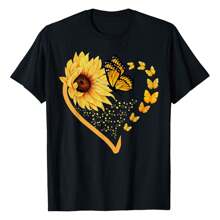 Sunflower Butterfly Heart Summer Floral Women T-Shirt, Women's Printed T-Shirt 220g, 100% Cotton, Retro Fashion Street Women's Short Sleeves, Round Neck Casual Women's Outdoor Short Sleeves, Daily Four Seasons Wear, Holiday Gifts