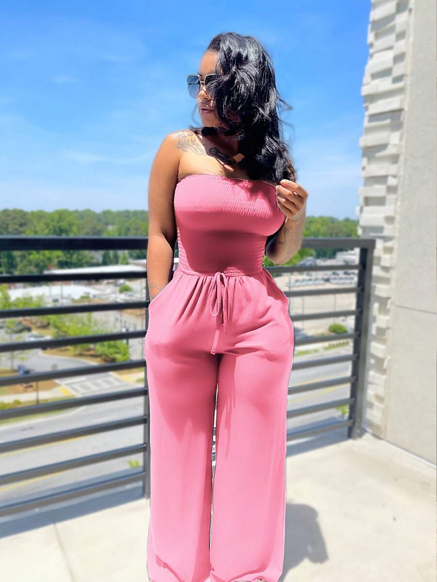 Womens Jumpsuit Casual Summer Strapless  Rompers Loose Jumpsuit With Pockets - Hồng - Xem 1