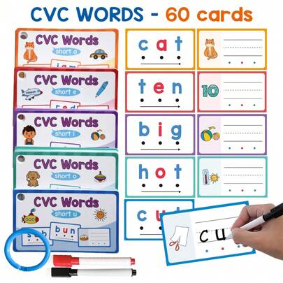 Lachilly CVC Word Flashcards, 60 Cards Kids Learning English Educational Cards, Reusable Early Reading Writing Phonics Activity Practice Cards, Montessori Toddler Educational Toy, Preschool Kindergarten Interactive Learning Tools