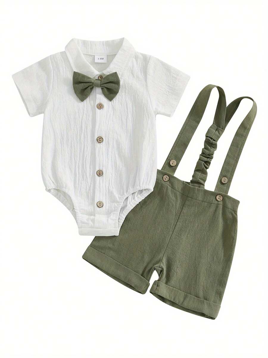 Baby Boy Gentleman Outfit Solid Color Short Sleeve Lapel Neck Romper With Suspender Shorts And Bowtie 3 Pcs Set - 軍綠色 - 查看 1