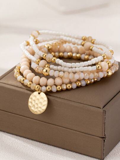 5pcs Bohemian Elegant Woven Elastic Glass Beaded Bracelets Set For Women (Handmade Beads Count, Size, And Placement Are Random)