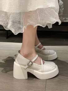 2025新款夏季黑色厚底百搭小皮玛丽珍厚底牛津鞋，经典复古风格，女士乐福鞋 - 白色 - 查看 2