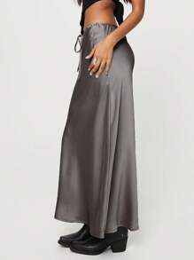 Satin Maxi High Waist Skirt For Women Solid Color Drawstring A Line Skirts - Xám - Xem 2