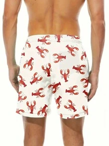 Cartoon Style Lobster Pattern Men's Board Shorts With Drawstring And Pockets, Casual And Shorts For Summer Beach Holiday Leisurewear