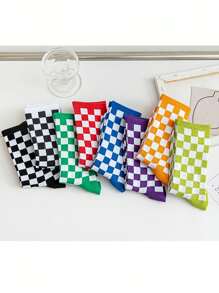 5双男女同款棋盘格图案简约街头时尚复古柔软舒适休闲中筒袜适合居家休闲或户外运动穿着秋季 - 彩色 - 查看 2