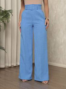 Women's Linen Material Trousers With Belt - Blue - View 3