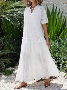 HERTALK Spring And Summer Beach Vacation Clothes Fluffy Sleeve Long Flower Eye Pattern Dress Embroidered Flowing Swing Party Skirt,Elegant Dresses For Women 2025 - 白色 - 查看 5