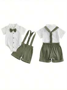 Baby Boy Gentleman Outfit Solid Color Short Sleeve Lapel Neck Romper With Suspender Shorts And Bowtie 3 Pcs Set - 軍綠色 - 查看 2