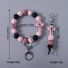 Leopard Print 2pcs/Set Mixed Bead Wrist Key Ring - Monochrome Silicone Beads, Cross Silicone Keychain, Backpack Accessories, Pendant Gifts