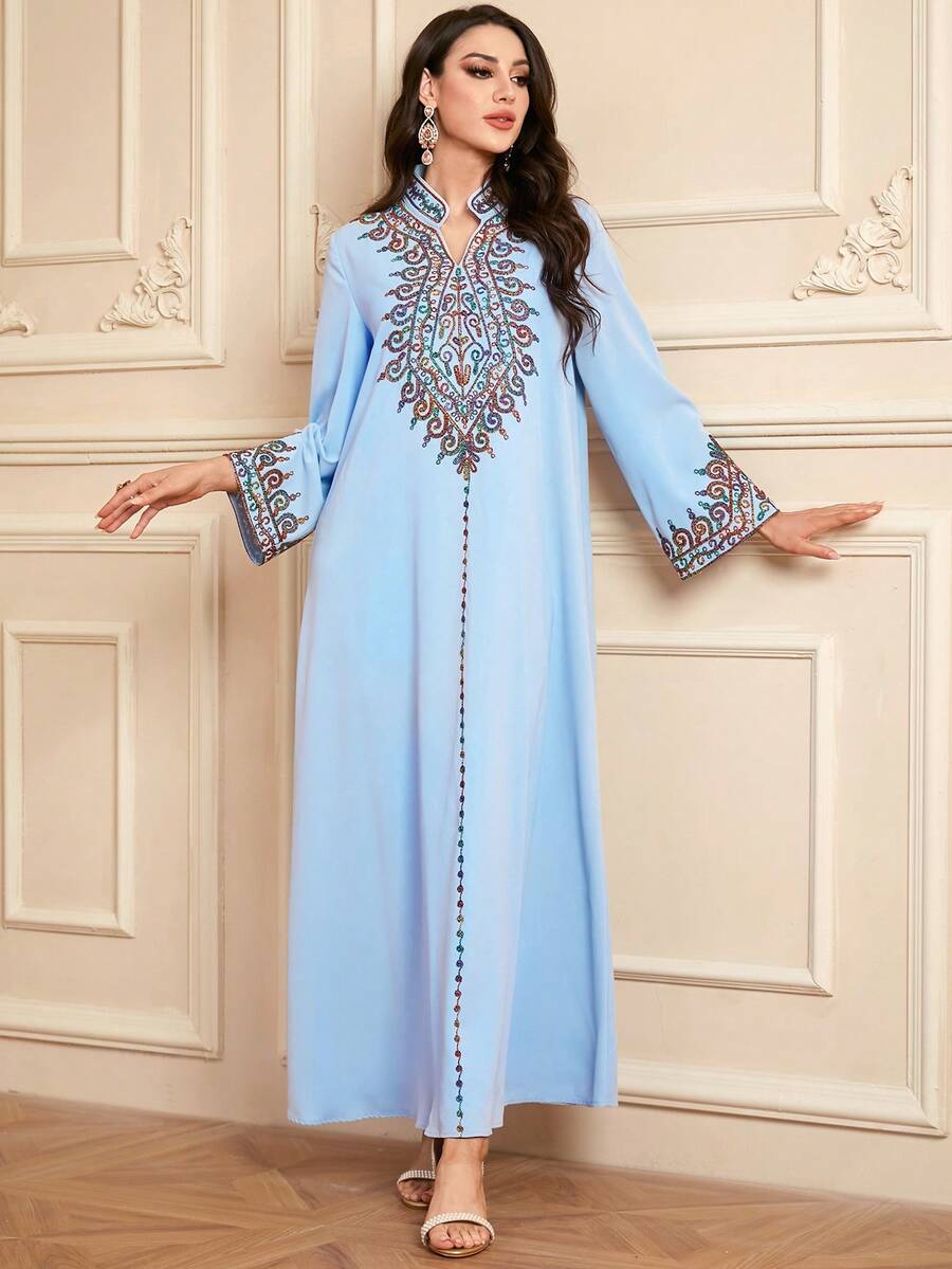 Women's Spring/Summer Fashion Embroidered Tie Neck V-Neck Casual Comfortable Long Sleeve Arabic Style Dress, Modest Kaftan - Baby Blue - View 1
