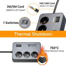 LIPWEL LIPWEL 1Pc 7 In 1 Power Supply Power Outlet Socket, 1M, 1.8M, 3M, 5M, Power Strip With 4 USB Charging Ports, Wall Mounting Power Strip (16A, 3680W) With Switch And Power Indicator Light, Multiple Plug USB Socket For Smartphone Laptop Home, Office Usage, White Black,Multi Functional Power Socket