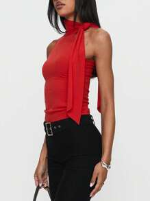 Women's High Neck Tank Tops Sleeveless Solid Color Slim Fitted Tops Summer Shirts - Red - View 4