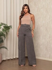 Women's Linen Material Trousers With Belt - Grey - View 1