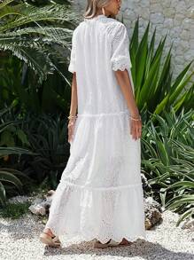 HERTALK Spring And Summer Beach Vacation Clothes Fluffy Sleeve Long Flower Eye Pattern Dress Embroidered Flowing Swing Party Skirt,Elegant Dresses For Women 2025 - 白色 - 查看 2