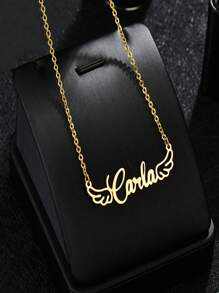 1 pièce Collier avec double ailes minimaliste DIY avec nom en anglais pour femmes. Plaque signalétique personnalisée avec nom simple. Pendentif personnalisé avec chaîne de cou. Bijou cadeau