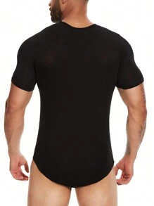 Mens Short Sleeve Bodysuit Pajama One Piece Pajamas Rompers Basic Top Underwear Undershirts T-Shirts Sleepwear Round Neck - Black - View 3
