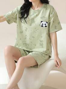 AICJ 2pcs Women Casual Simple Spring/Summer Panda Print Short Sleeve T-Shirt And Shorts Pajamas Set,Two Pieces Set