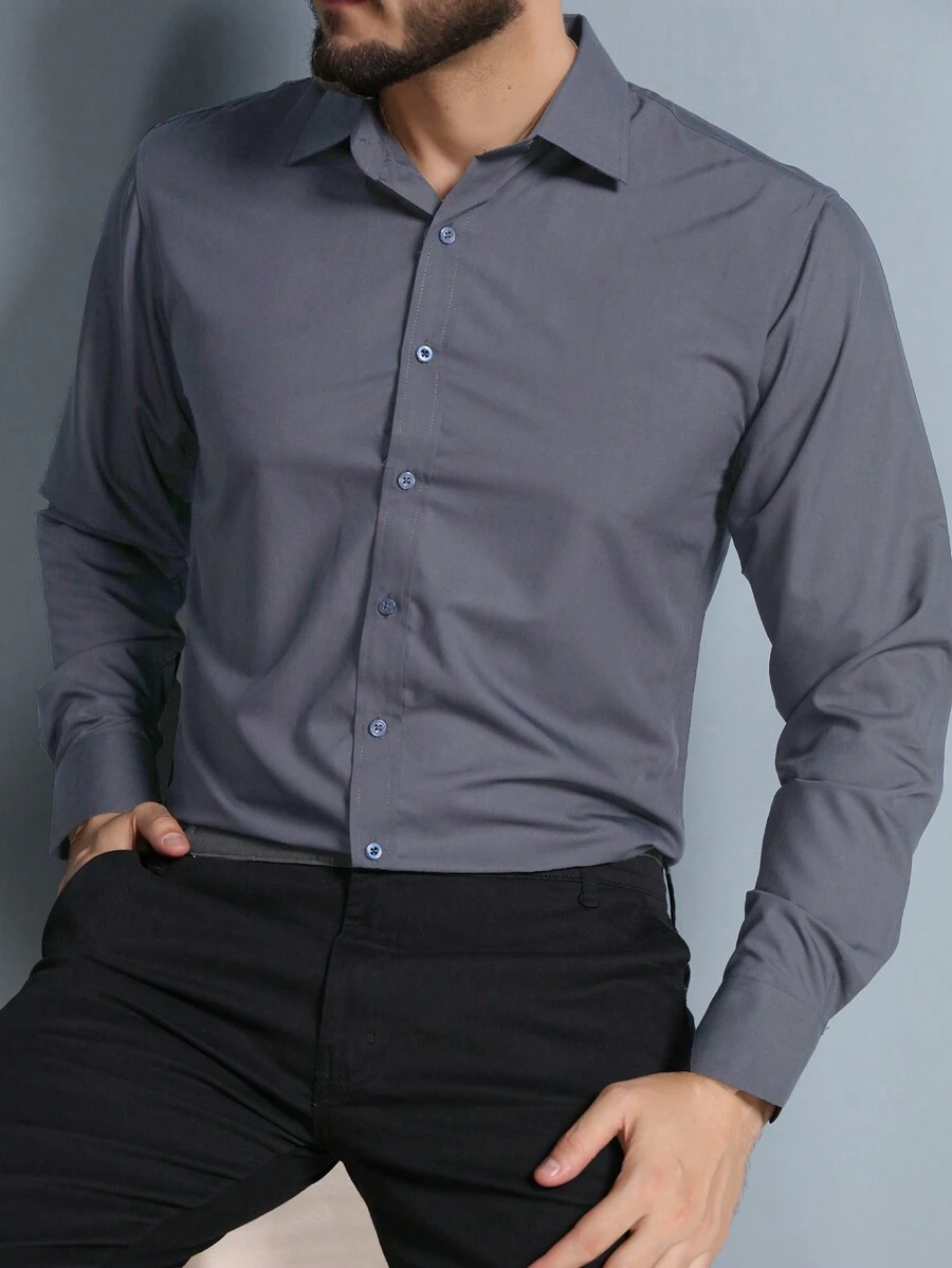 Men's Long Sleeve Slim Dress Shirt Microfiber Fabric - 深灰色 - 查看 1