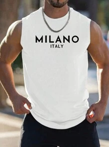 Men's Letter Print Round Neck Casual Loose Fit Tank Top - White - View 6