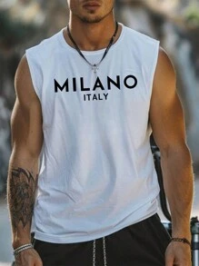 Men's Letter Print Round Neck Casual Loose Fit Tank Top - White - View 4