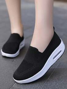 Zapatillas deportivas casuales de mujer,zapatos de punto con mosca transpirables de color sólido - Negro - Ver 3