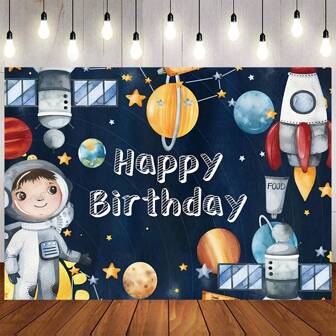 1 Piece 2D Outer Space Happy Birthday Backdrop For Photography Astronaut Rocket Planet Background For Birthday Galaxy Planet Party Photo Booth Backdrop