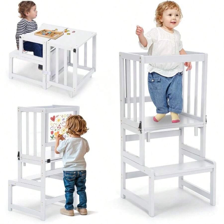 3-In-1 Toddler Kitchen Step Stool - Standing Tower For Kids Toddlers Children Kitchen Counter Bathroom Convertible, Mothers' Helper Tower For Learning Stool With Whiteboard - White - View 1