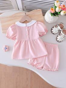2pcs/Set Infant/Baby GirlCasual Cute Fashion Round Neck Shorts Set, Spring/Summer, 0-3Y