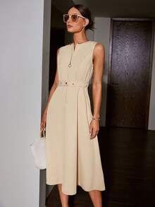 Sollinarry Đầm mùa hè giản dị không tay cổ tròn màu trơn denim hiệu ứng denim cho nữ, trang phục công sở dành cho nữ - Màu be - Xem 4