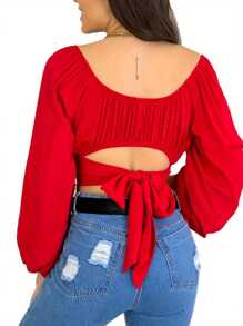 Womens Off Shoulder Crop Tops, Long Sleeve Solid Color Tie Knot Back Ruched T-Shirts - Rojo - Ver 2