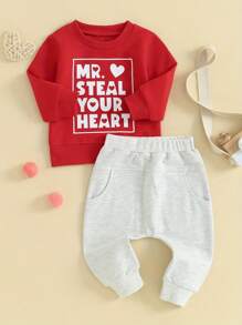 Toddler Baby Boy Valentines Day Outfit Mr. Steal Your Heart Long Sleeve Sweatshirt And Pants Spring Fall Clothes Set - 紅色 - 查看 3