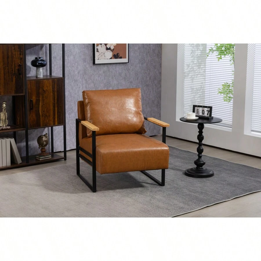 Leather Accent Chair Guest Chair For Living Room Mid Century Armchair For Bedroom Brown Leather - 棕色如圖所示 - 查看 1