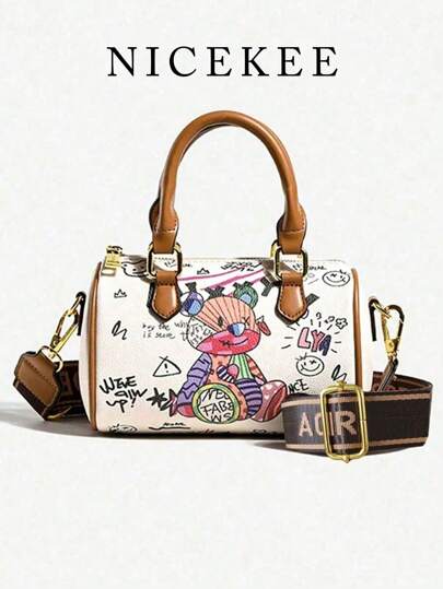 Women's New Cartoon Graffiti Cute Bear Girl Tote Bag, Crossbody Bag, Boston Bag, Handbag, Vintage Fashion, Suitable For Work, Commuting, Daily Outing, Shopping, Dating And Other Occasions