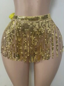 Faldón de danza del vientre para mujer con pañuelo de cadera, falda envolvente con cadena de cintura y lentejuelas, faldas con flecos brillantes para danza del vientre, disfraz de vaquera espacial para Mardi Gras