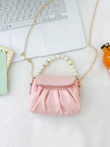 1pc 时尚甜美珍珠链条单肩斜挎包时尚褶皱腋下包韩版手提可爱女生包包，pu褶皱设计珍珠手提包，高档纯色搭配，适合女生逛街，参加生日派对，精致可爱的链条斜挎包，送给朋友和家人的礼物 - 褶皺珍珠手提包 - 查看 8