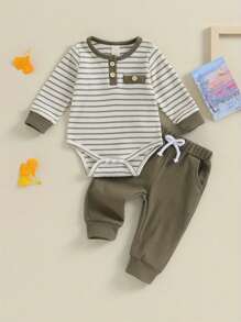 Infant Baby Boys 2Pcs Tracksuit Stripes Print Long Sleeve Romper Elastic Waist Long Pants Set Casual Clothes Set Spring Fall - 軍綠色 - 查看 2