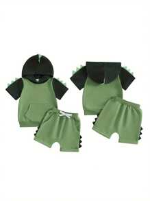 Toddler Boy Summer Clothes Dinosaur Short Sleeve Hood T-Shirt Elastic Waist Pocket Shorts Outfit - Green - View 2