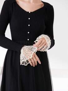 1pair Ladies' Stud Beaded Rolled Edge Sleeve Cuff With Lace Decoration Valentine's Day Valentines