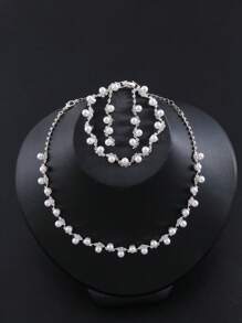 4 件套韩式珍珠首饰套装 - 项链、耳环和手链，优雅新娘婚礼派对配饰 - 白色 - 查看 10