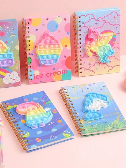 Cartoon Student Coil Bound Notebook With 80 Pages, Unicorn Design, Stress Relief Memo Book , Back To School Gifts