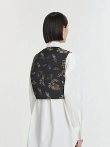 JSZ&WM 中国风,动物,满版印花,系带,显瘦,深V领,春/秋,休闲,优雅,女士唐装,女士春装,90年代服饰 - 黑色 - 查看 3