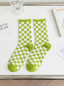 5双男女同款棋盘格图案简约街头时尚复古柔软舒适休闲中筒袜适合居家休闲或户外运动穿着秋季 - 彩色 - 查看 8