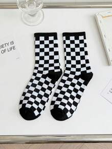 5双男女同款棋盘格图案简约街头时尚复古柔软舒适休闲中筒袜适合居家休闲或户外运动穿着秋季 - 彩色 - 查看 6