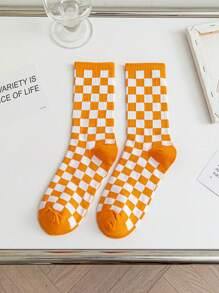5双男女同款棋盘格图案简约街头时尚复古柔软舒适休闲中筒袜适合居家休闲或户外运动穿着秋季 - 彩色 - 查看 9