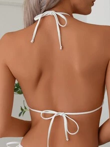 New Solid Color Starfish Decor Fashion Sexy High Stretch Starfish Texture Rope Halter Women Bikini Set Swimwear Set, For Summer Beach Vacation