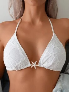 New Solid Color Starfish Decor Fashion Sexy High Stretch Starfish Texture Rope Halter Women Bikini Set Swimwear Set, For Summer Beach Vacation
