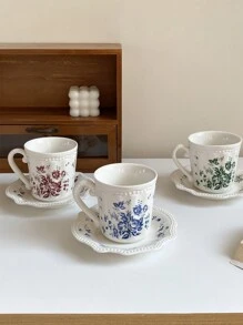 1 件八角形浮雕小碎花碟子和杯子套装，复古小碎花陶瓷杯和盘子，可爱的兔子杯和碟子，优雅的复古装饰，适合家庭、餐厅、咖啡厅、生日、节日礼物 - 彩色 - 查看 4