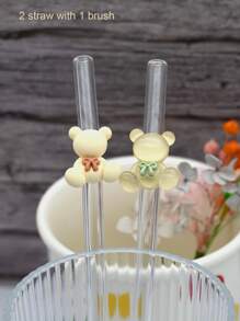2pcs Twin Bears Glass Straws With 1pc Straw CleaningBrush, 8mm Reusable Straws, Drinking Straw Bent, Gift For Friends, Valentine's Day Gifts - Multicolor - View 4
